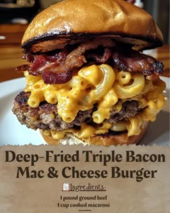 Deep-Fried Triple Bacon Mac & Cheese Burger with crispy bacon and creamy cheese