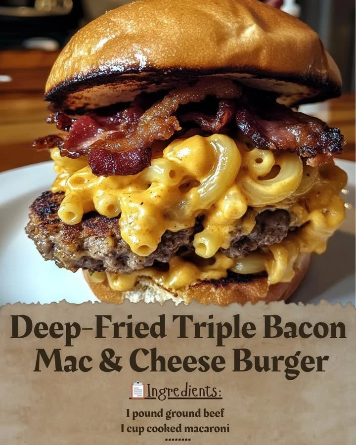 Deep-Fried Triple Bacon Mac & Cheese Burger with crispy bacon and creamy cheese
