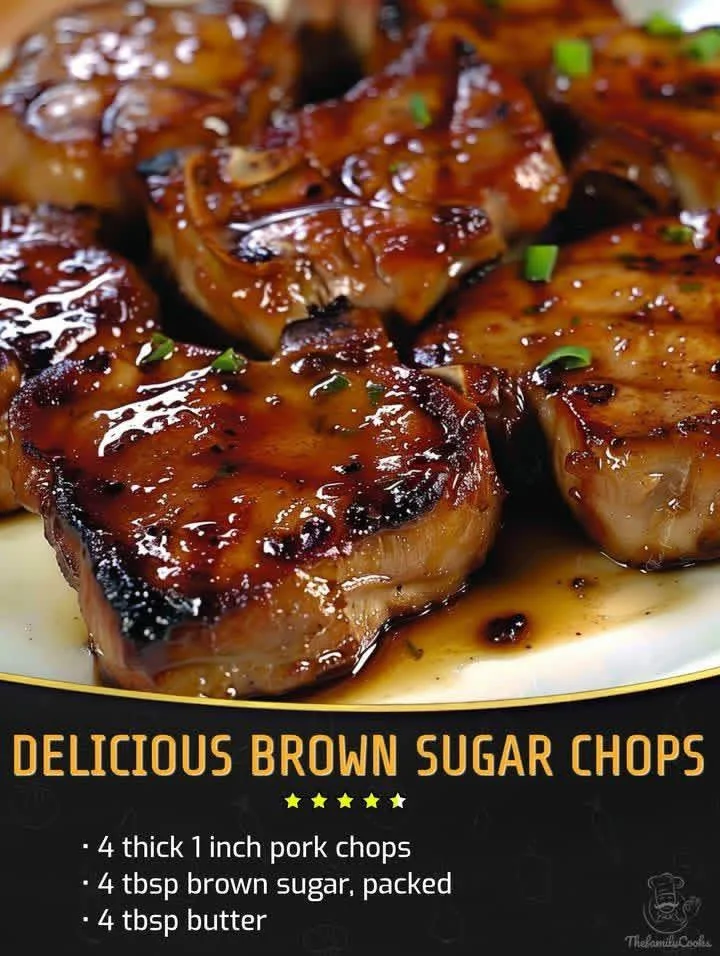Delicious brown sugar pork chops served on a plate with sides