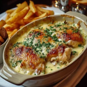 Plate of delicious Chicken with Maroilles topped with cheese and herbs