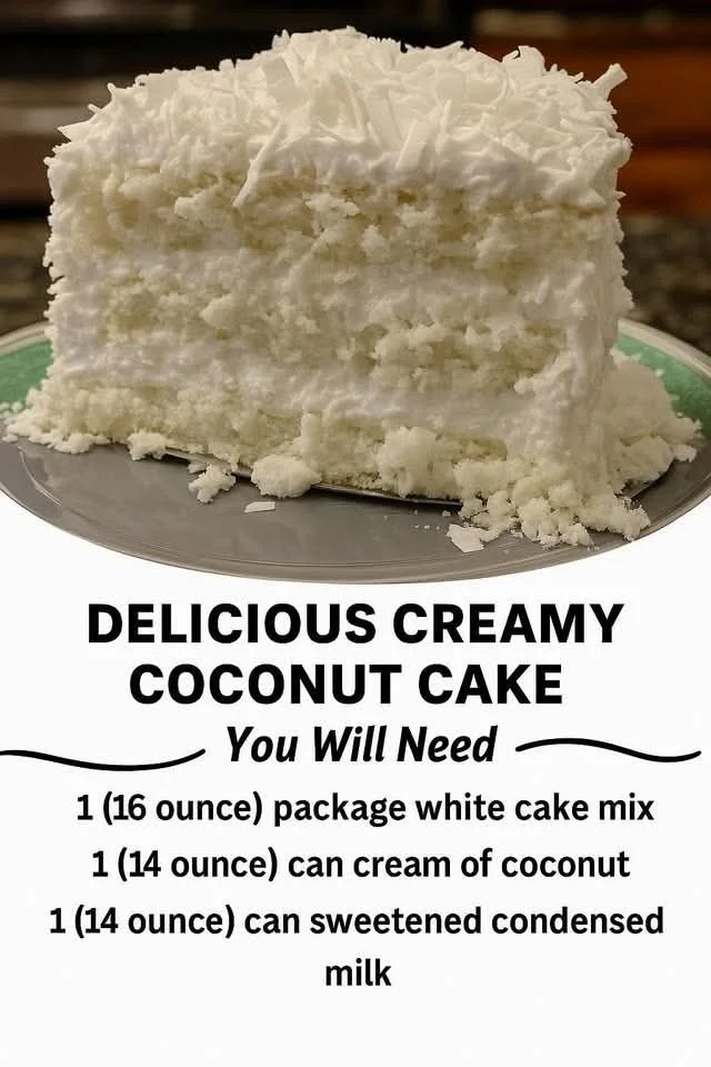 Delicious creamy coconut cake topped with coconut flakes