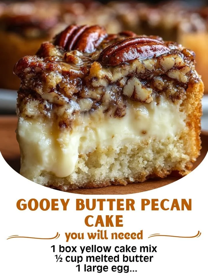 Delicious gooey butter pecan cake with drizzled caramel and pecan topping