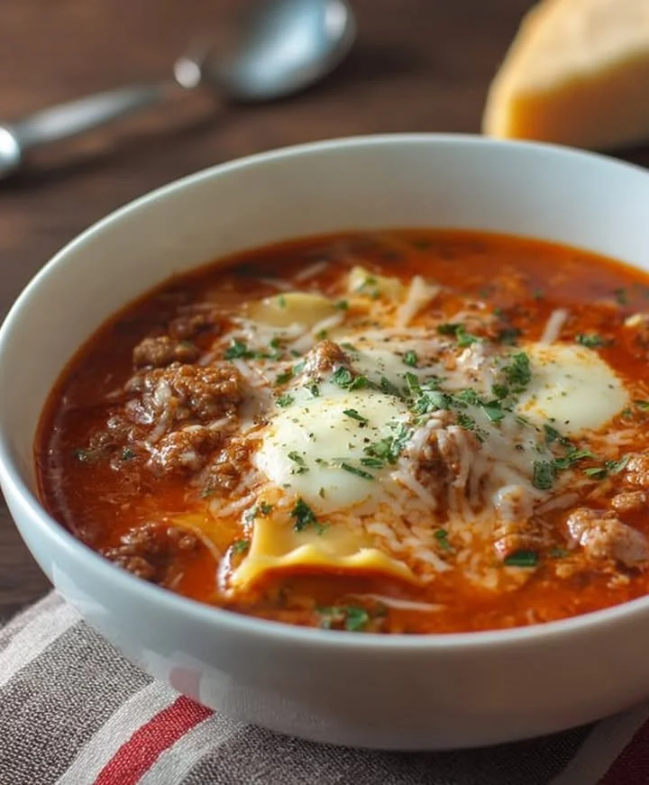 Bowl of delicious lasagna soup topped with melted cheese and herbs
