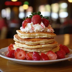 Delicious strawberry pancakes topped with fresh strawberries and whipped cream