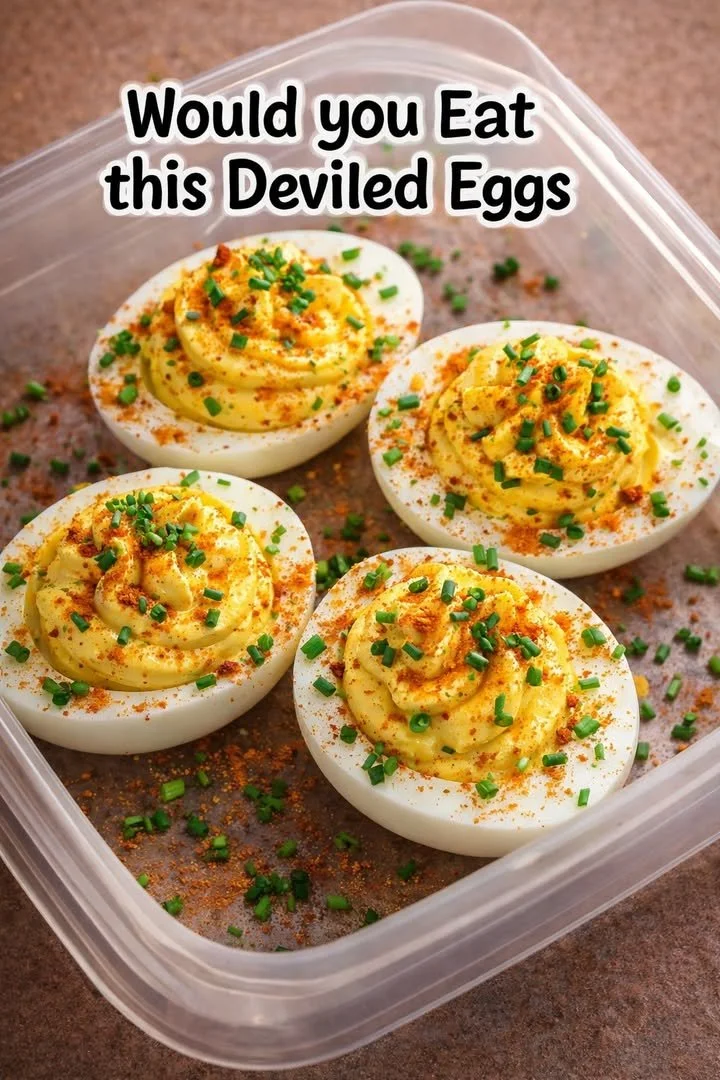 Plate of tasty deviled eggs garnished with paprika and herbs.