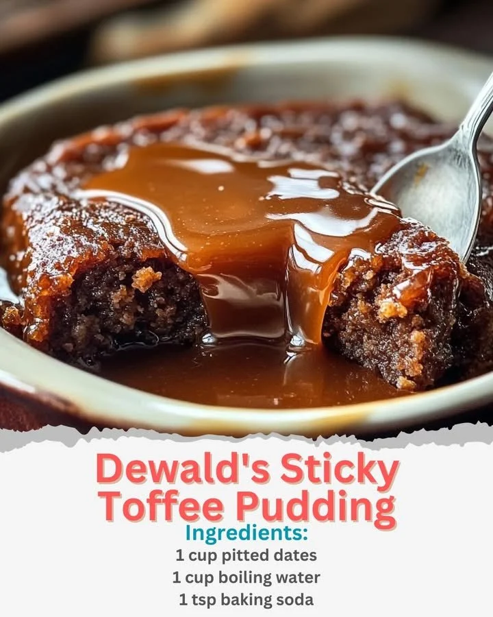 Delicious sticky toffee pudding served with cream and topped with sauce