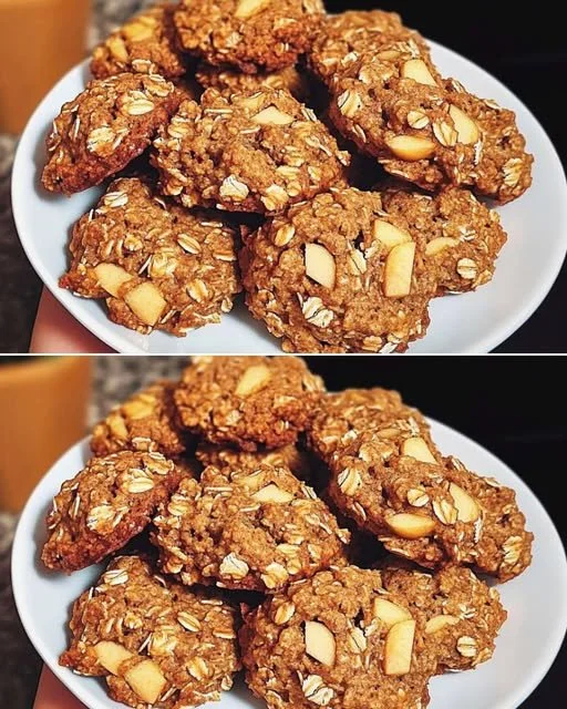 Diet oatmeal apple cookies with oat flakes and apple chunks.