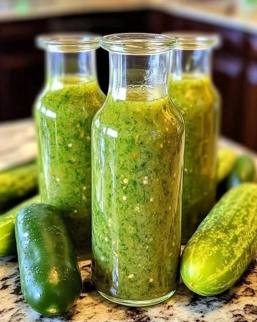 Bottle of dill pickle hot sauce with a fresh pickle garnish