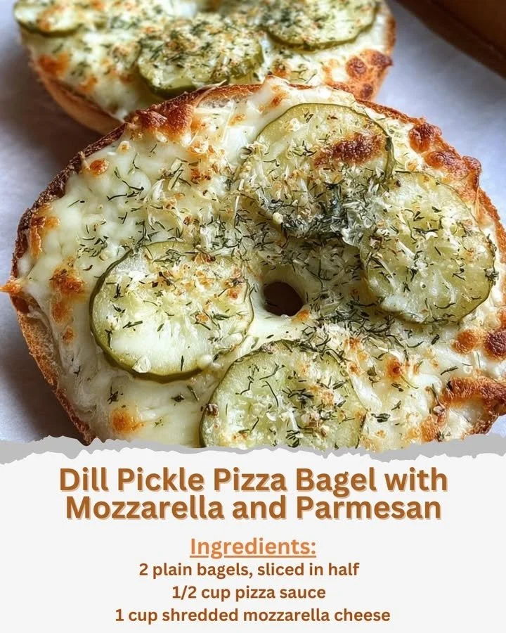 Dill Pickle Pizza Bagel topped with mozzarella and parmesan cheese