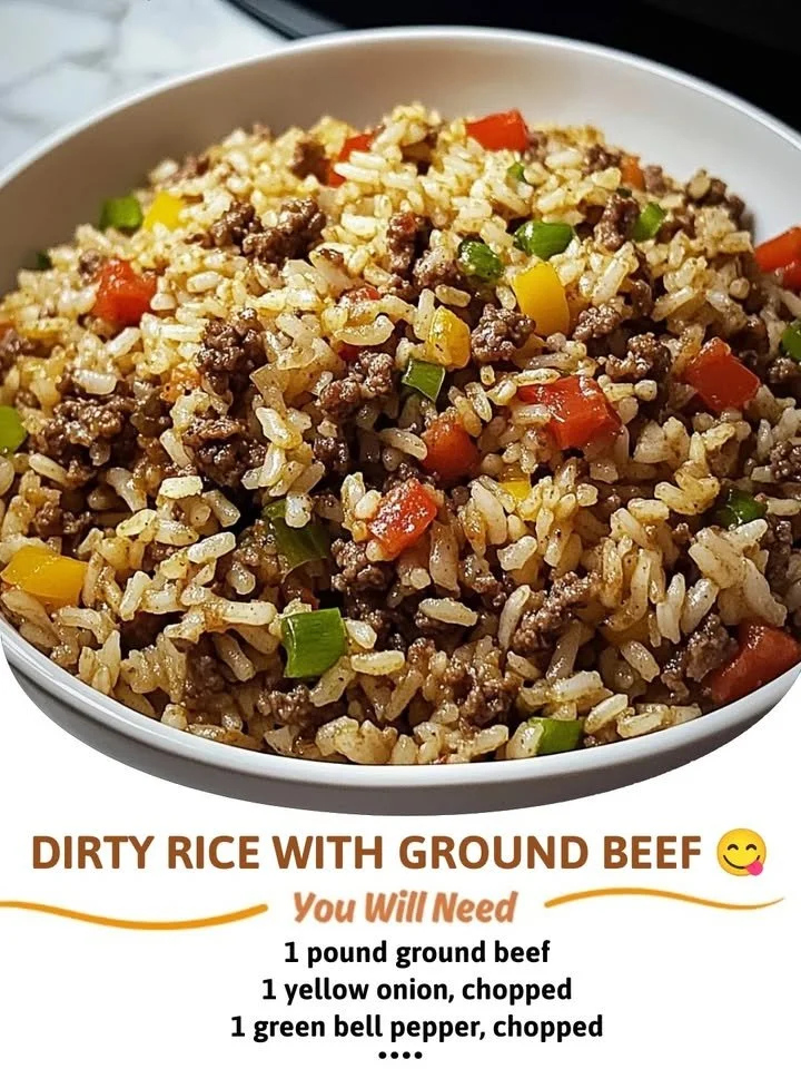 Delicious dirty rice with ground beef served in a bowl
