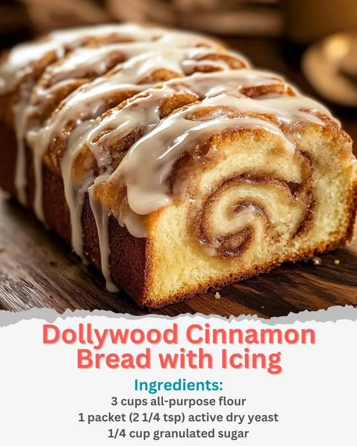 Dollywood cinnamon bread drizzled with icing on a rustic wooden table
