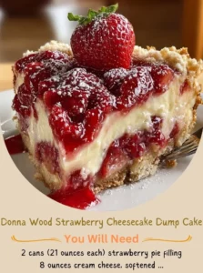 Delicious strawberry cheesecake dump cake by Donna Wood, a quick and easy dessert.