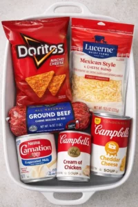 Delicious Dorito Casserole topped with melted cheese and crunchy chips