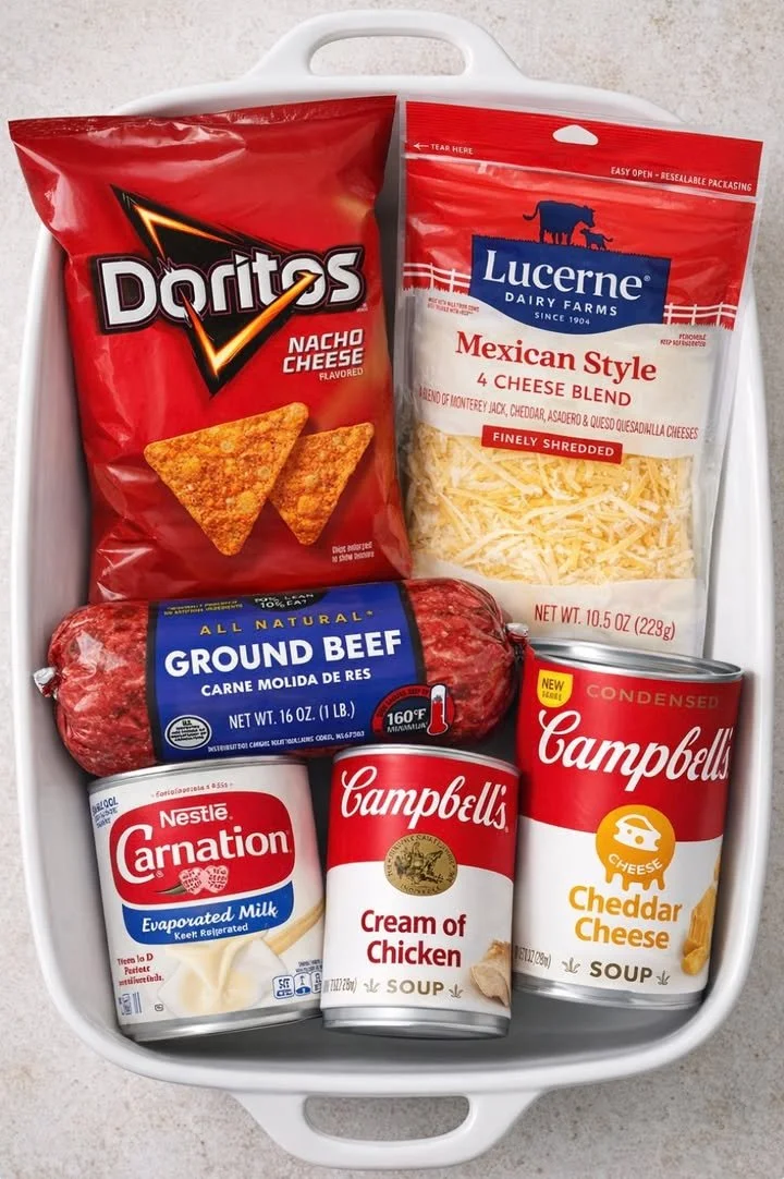 Cheesy Dorito Casserole topped with crunchy Doritos and baked to perfection