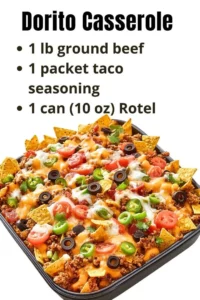 A mouthwatering Dorito Casserole topped with crispy chips and melted cheese.