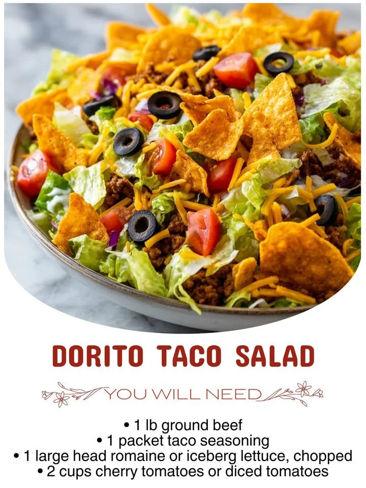 Colorful Dorito Taco Salad with layers of nachos, lettuce, and toppings.