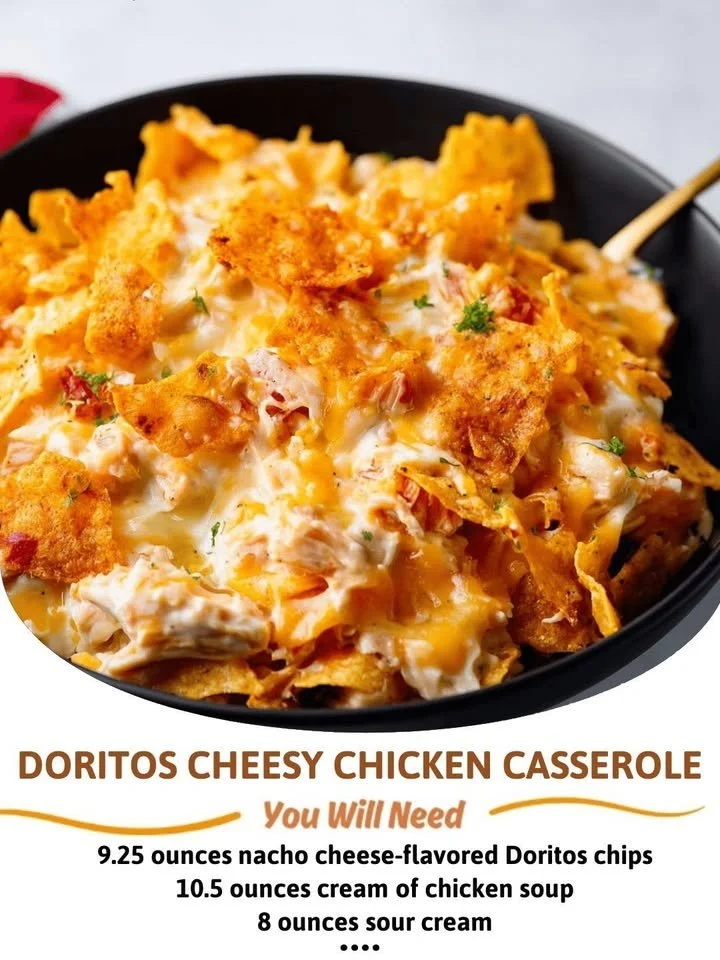 Delicious Doritos Cheesy Chicken Casserole topped with crispy chips and melted cheese