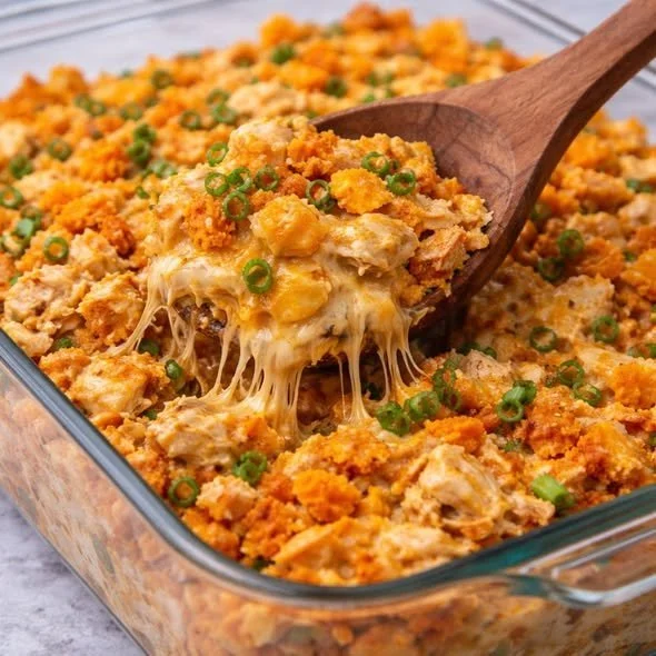 Savory Doritos Chicken Casserole topped with crunchy Doritos and melted cheese