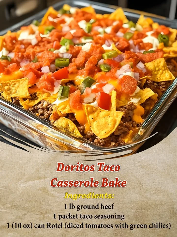 Delicious Doritos Taco Casserole Bake served in a dish with toppings