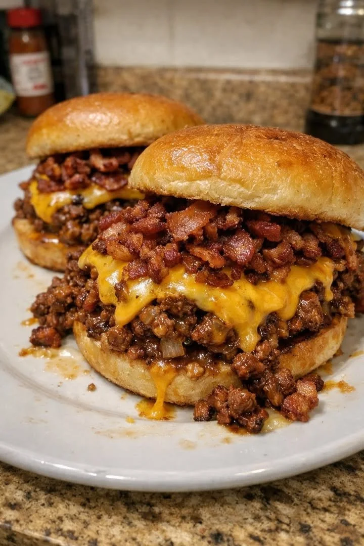 Double Bacon Bourbon Cheeseburger Sloppy Joe Melt served with sides