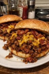 Double Bacon Bourbon Cheeseburger Sloppy Joe Melt with melted cheese and toppings