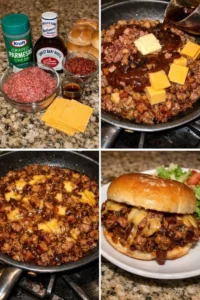 Double Bacon Bourbon Cheeseburger Sloppy Joe Melt with melted cheese and crispy bacon