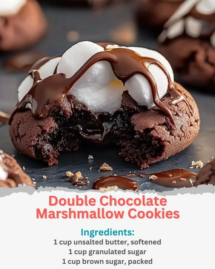 Double chocolate marshmallow cookies topped with melted chocolate and fluffy marshmallows