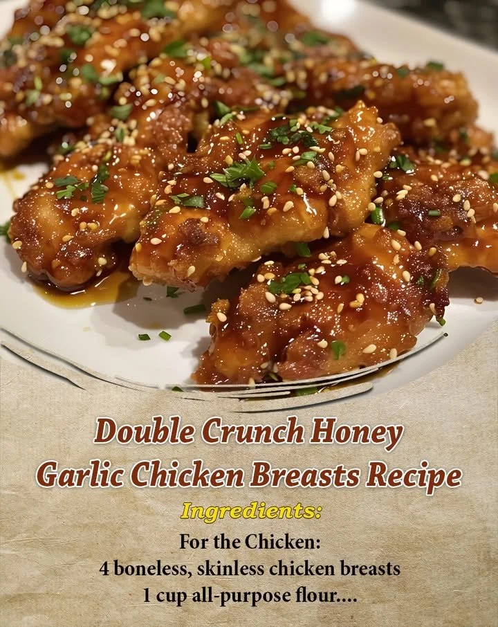 Crispy Double Crunch Honey Garlic Chicken Breasts served on a plate