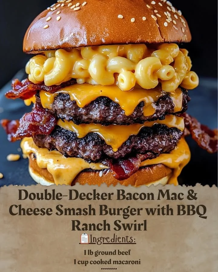 Double-Decker Bacon Mac & Cheese Smash Burger topped with BBQ Ranch Swirl