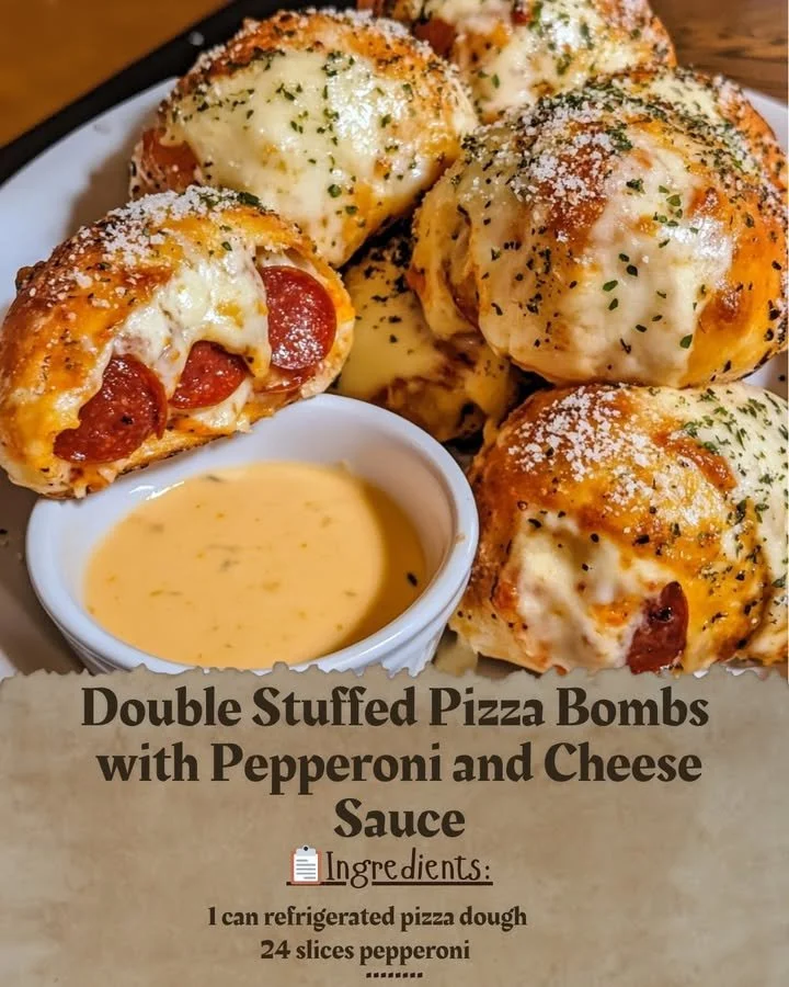 Double stuffed pizza bombs with pepperoni and cheese sauce ready to eat.