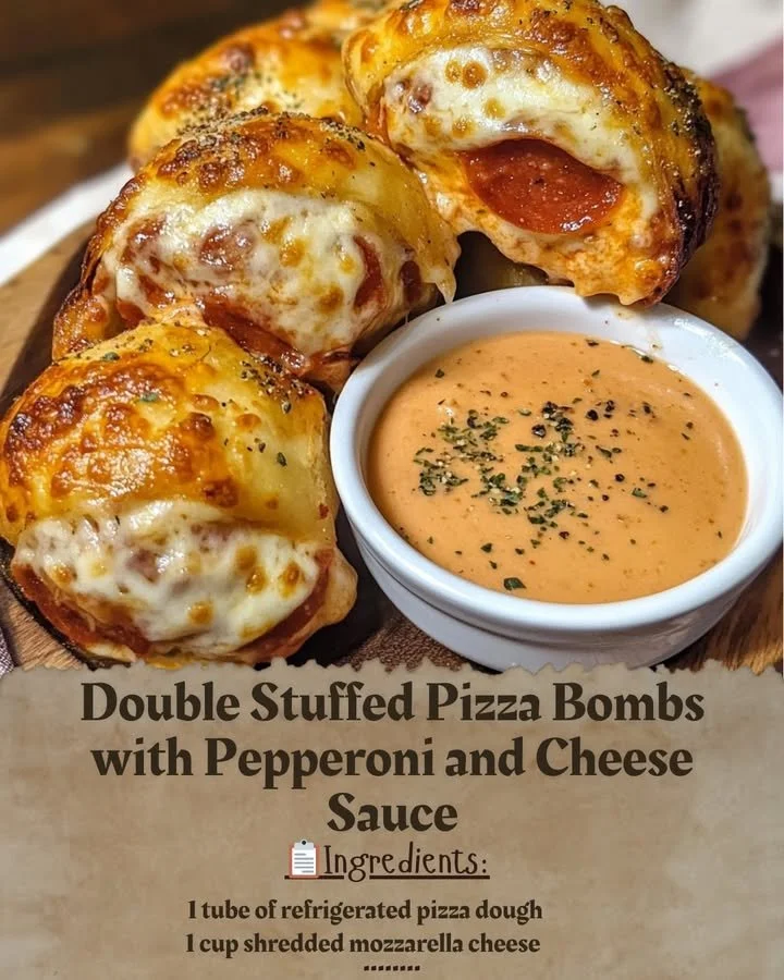 Double stuffed pizza bombs with pepperoni and cheese sauce on a plate
