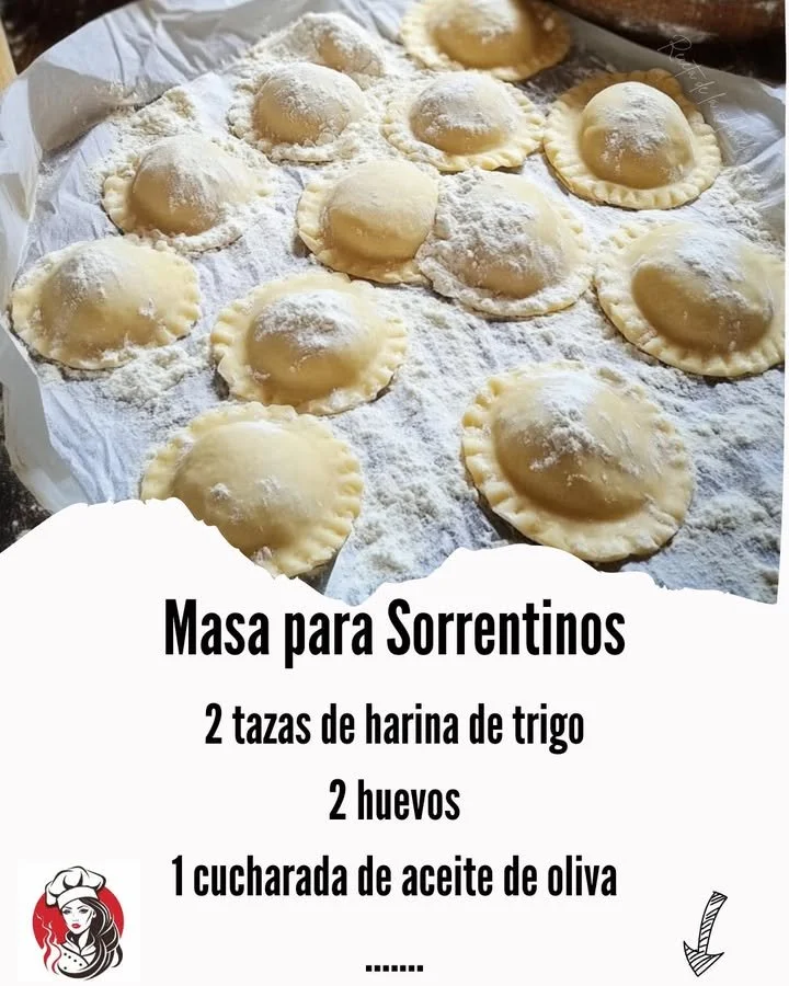 Homemade dough for Sorrentinos with ingredients and rolling process.