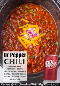 Delicious bowl of Dr Pepper Chili garnished with fresh herbs