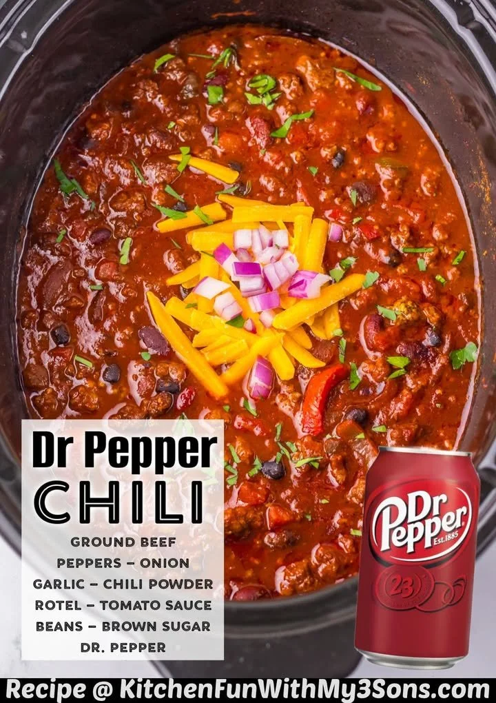 Delicious bowl of Dr Pepper Chili garnished with fresh herbs