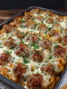 Delicious Dump and Bake Meatball Casserole ready to serve