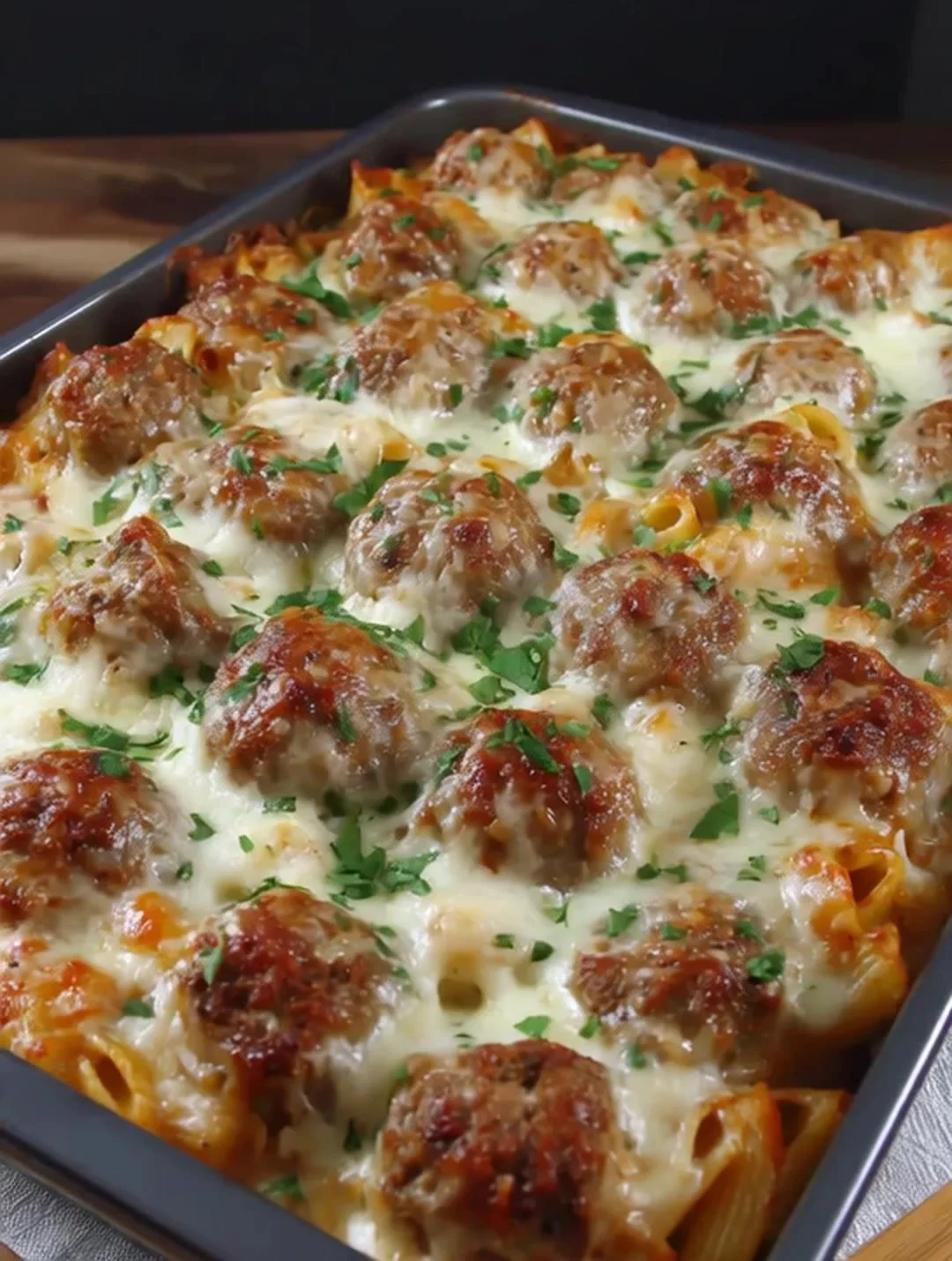 Delicious Dump and Bake Meatball Casserole ready to serve
