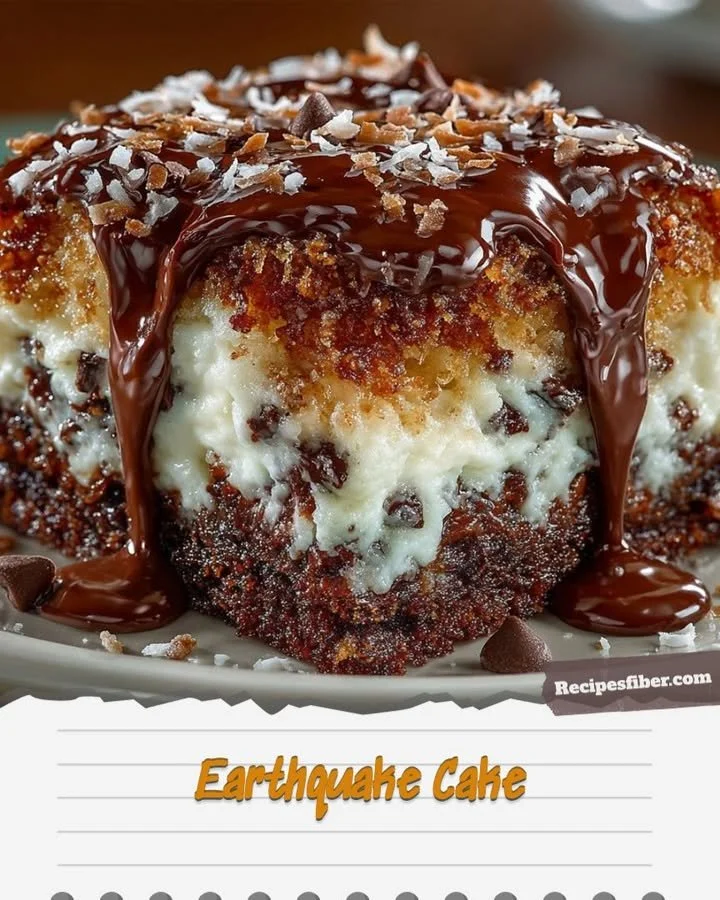 Deliciously decadent Earthquake Cake topped with cream cheese and nuts.