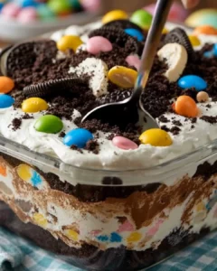 Easter Dirt Cake Casserole with chocolate, cream, and cookie crumbles