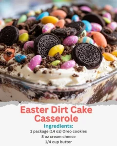 Easter Dirt Cake Casserole with chocolate crumbs and colorful decorations