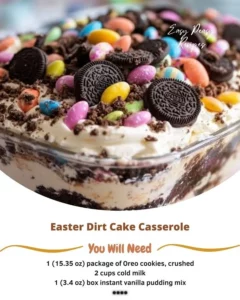 Easter Dirt Cake Casserole with chocolate, whipped cream, and gummy worms