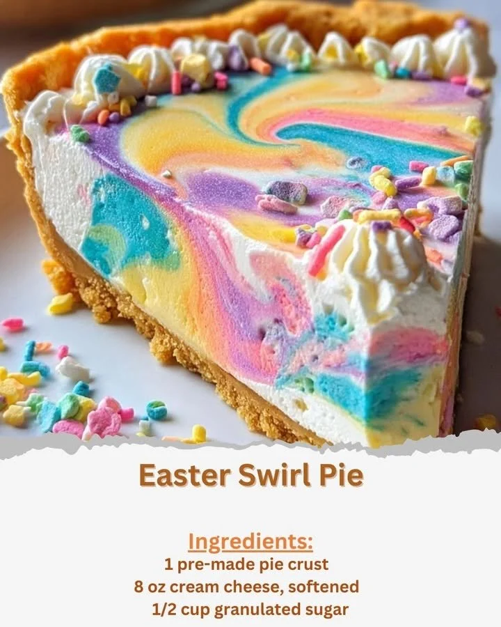 Easter Swirl Pie with colorful swirls and spring decorations