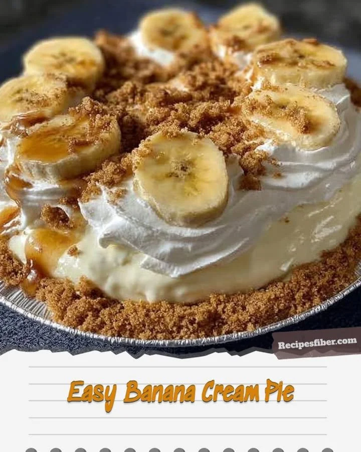 Slice of easy banana cream pie with whipped cream and banana slices