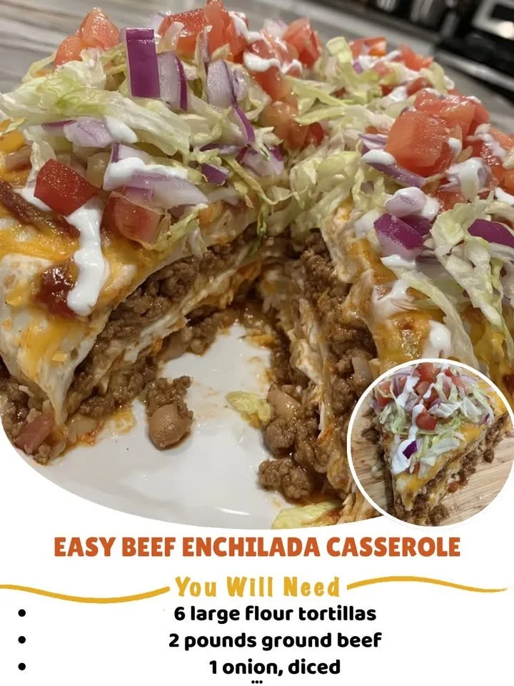 Delicious easy beef enchilada casserole baked to perfection.
