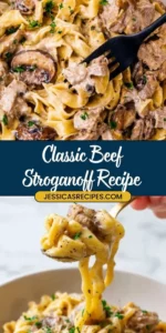 Delicious easy beef stroganoff served with pasta and garnished with parsley