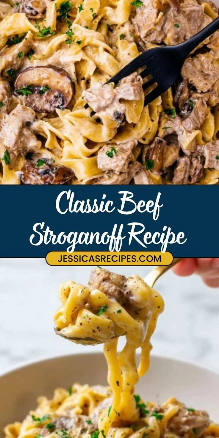 Delicious easy beef stroganoff served with pasta and garnished with parsley