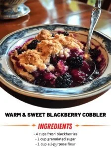 Delicious easy blackberry cobbler served in a dish with fresh blackberries