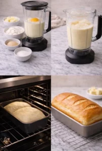 Freshly baked easy blender bread on a rustic wooden table.