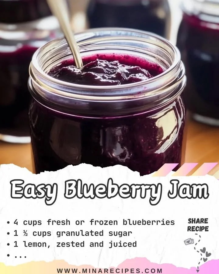 Homemade blueberry jam in a jar with fresh blueberries on the side
