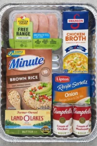 Delicious easy brown chicken and rice casserole served in a baking dish