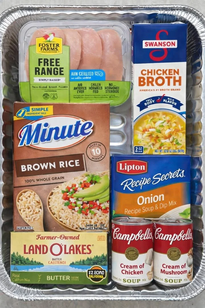 Delicious easy brown chicken and rice casserole served in a baking dish